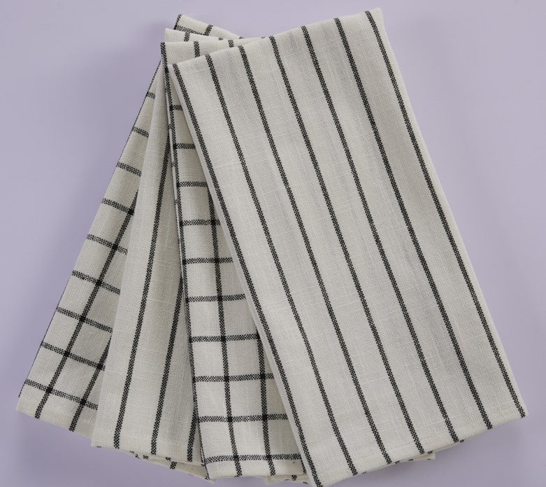 Pantry Towels - Cotton Stripes & Checks Multi Pack - Set Of 4 Kitchen Towels - 100 % Cotton - Ivory / Black
